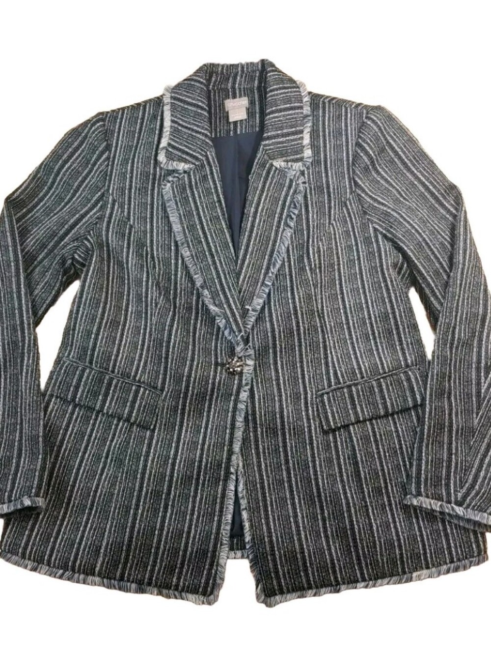 Chico's 1 Woman M Fringed Tapestry Blazer Fall Jacket Blue Metallic Striped Boho